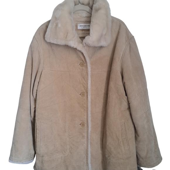 VTG JONES NEW YORK leather suede sherpa lined heavy winter coat tan beige L-XL - Picture 1 of 11